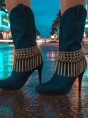 NEW Women Gold Chain Long Fringes Tassel Web Boot Bracelet Shoe Bling Charm PAIR